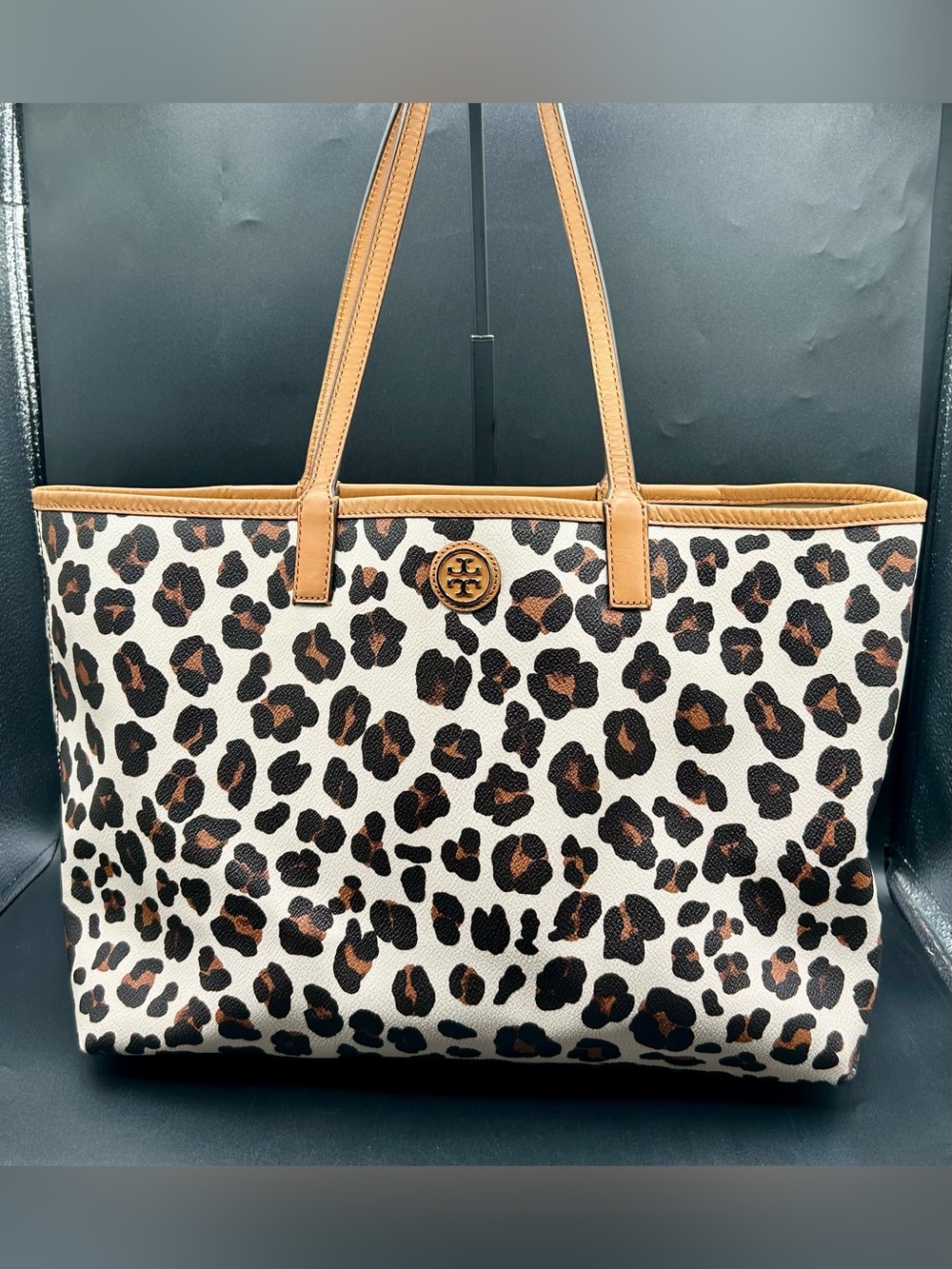 TORY BURCH Kerrington Leopard Shopper Tote Bag Tan Leather Trim.